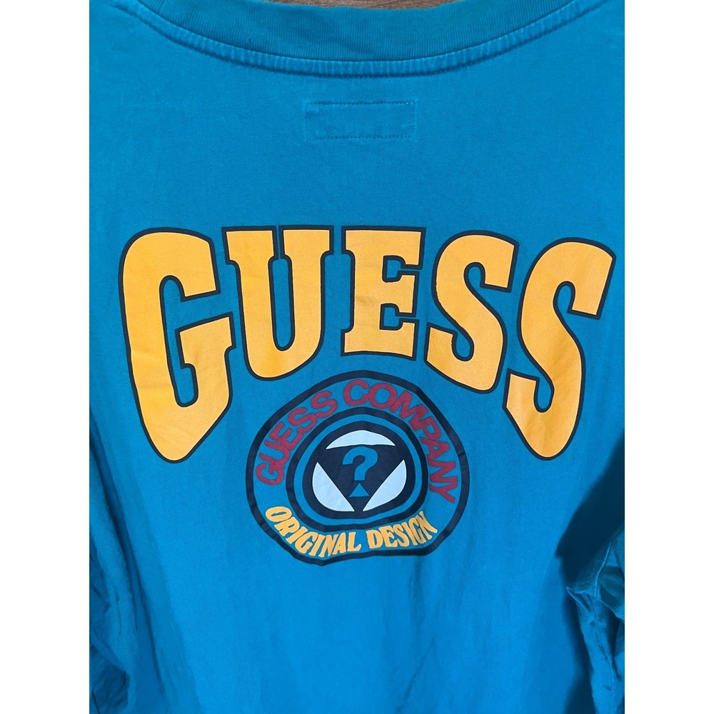 Guess Originals Mens XXL Teal Blue Long Sleeve Graphic T-Shirt Big Logo Cotton